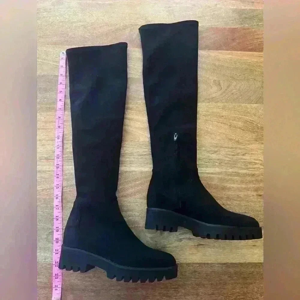 Theory Black Faux Suede Over-the-Knee Boots Lug Sole | 37 - Picture 3 of 5